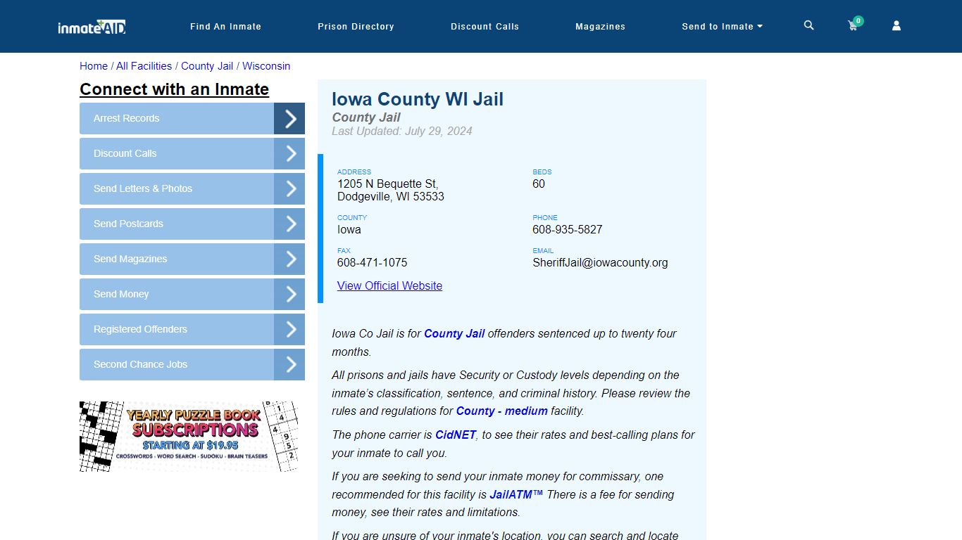 Iowa County WI Jail - Inmate Locator